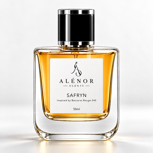 SAFRYN by ALÉNOR SCENTS — amber-toned perfume bottle, luxury product presentation