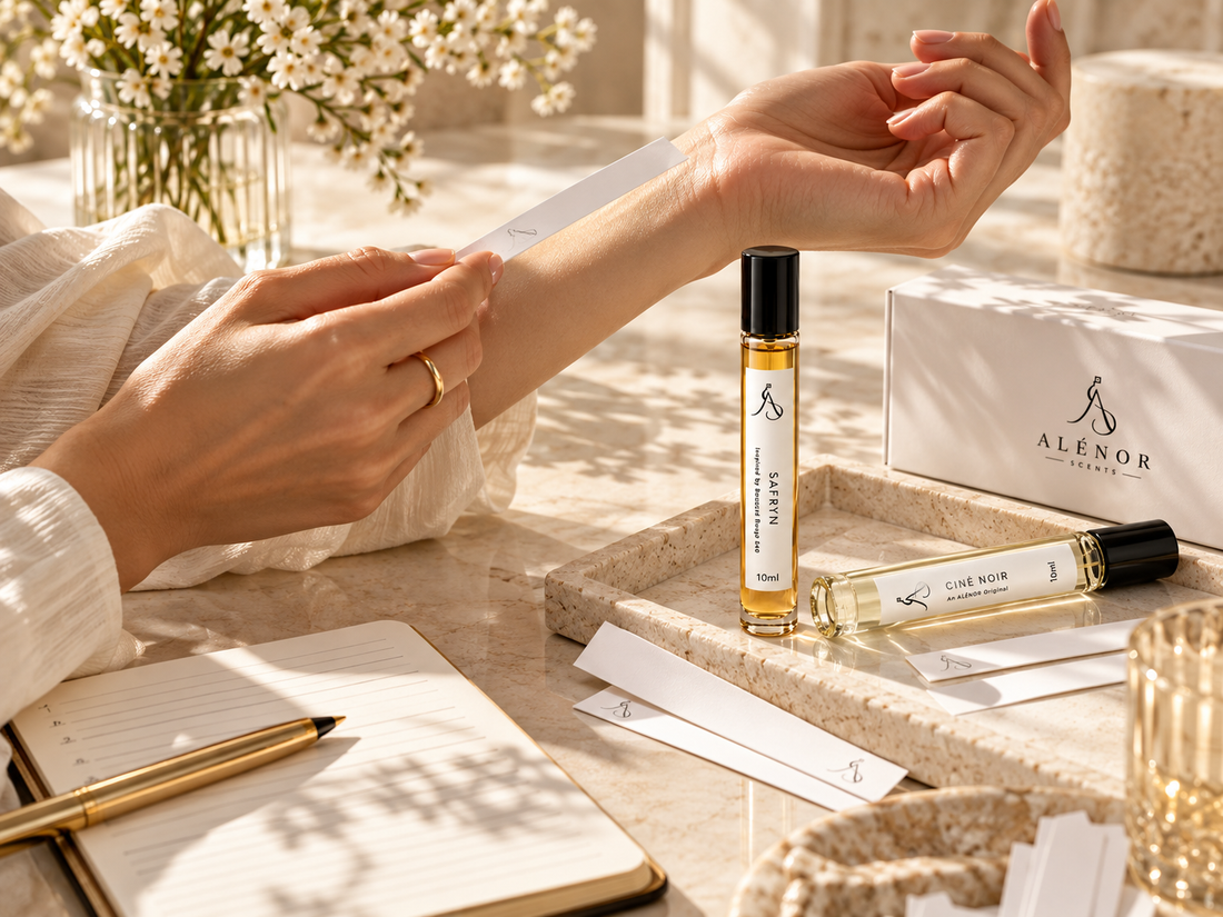 ALÉNOR 10 ml fragrance vials with scent strips and skin testing, illustrating how comparing scents before purchase can help avoid blind-buying the wrong perfume.