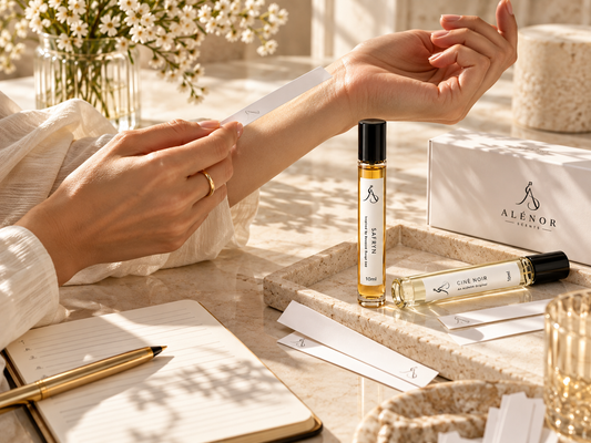 ALÉNOR 10 ml fragrance vials with scent strips and skin testing, illustrating how comparing scents before purchase can help avoid blind-buying the wrong perfume.