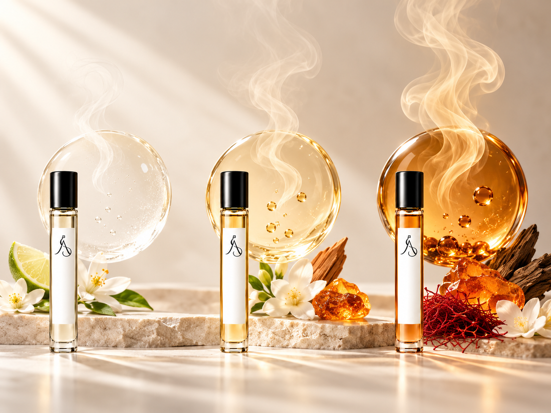 Three fragrance concentration references beside ALÉNOR 10 ml perfume, illustrating the difference between Eau de Toilette, Eau de Parfum and Extrait de Parfum.