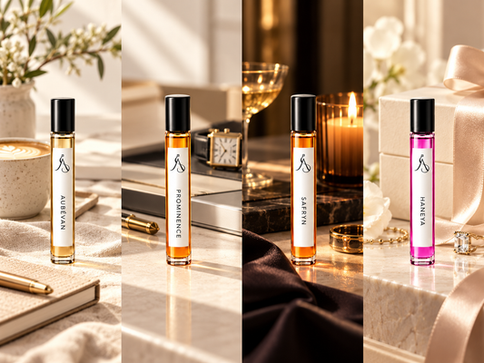 Four ALÉNOR 10 ml fragrances styled for everyday, work, evening and special occasions, illustrating how to build a fragrance wardrobe.