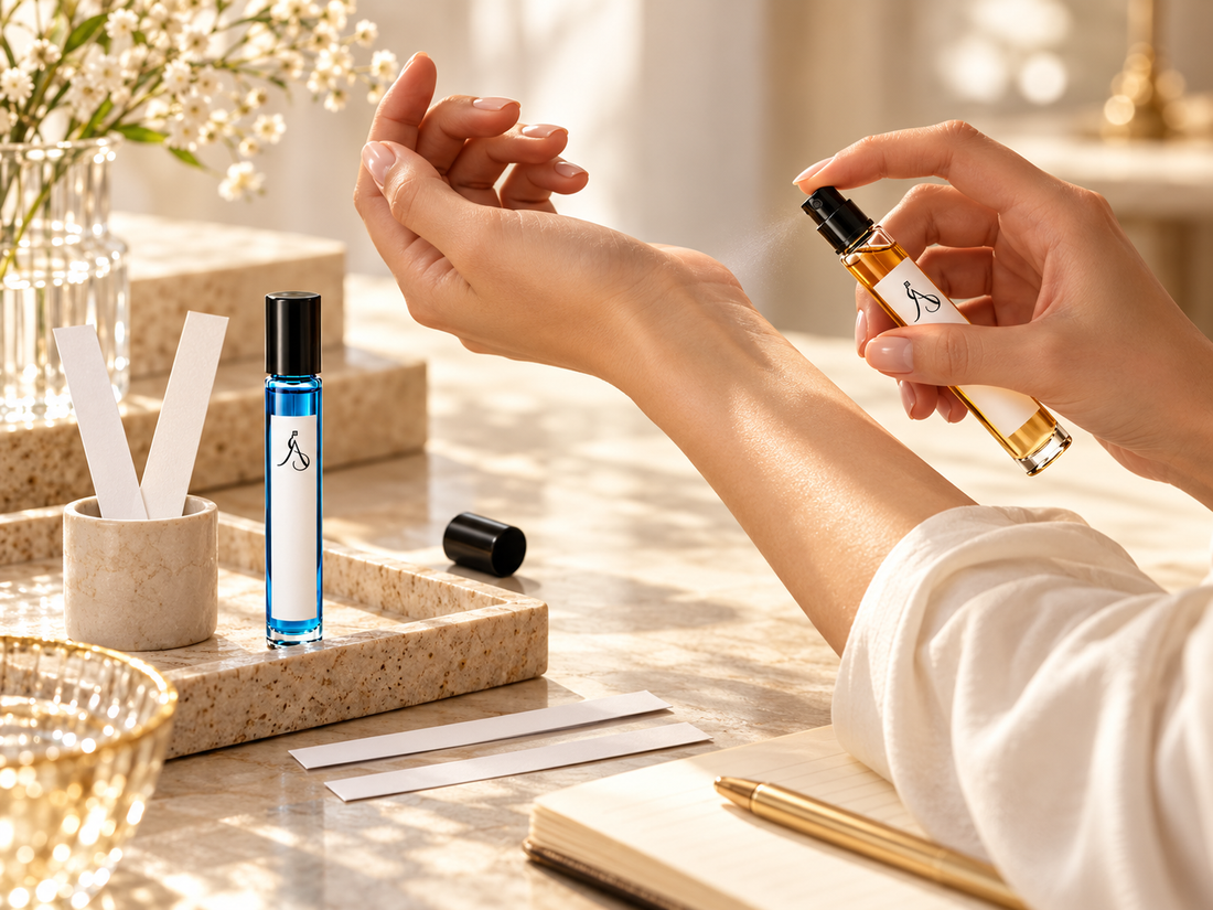 ALÉNOR 10 ml fragrances being tested on skin and scent strips beside a notebook, illustrating how to evaluate a perfume before deciding if you love it.