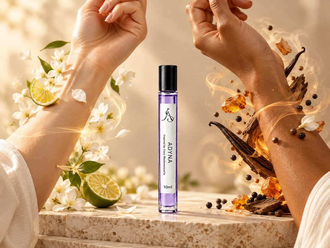 Two wrists experiencing the same ALÉNOR fragrance with contrasting scent-note cues, illustrating how skin chemistry can change how a perfume smells.