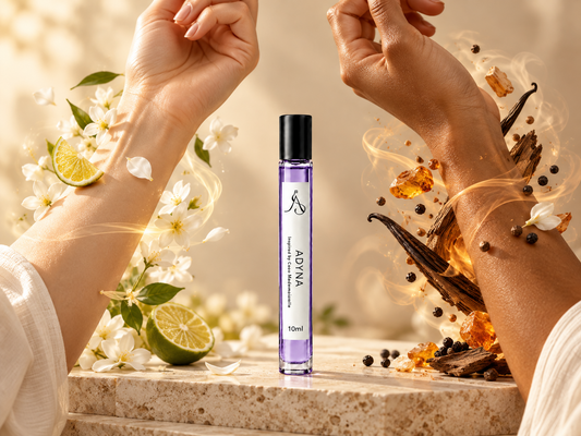 Two wrists experiencing the same ALÉNOR fragrance with contrasting scent-note cues, illustrating how skin chemistry can change how a perfume smells.