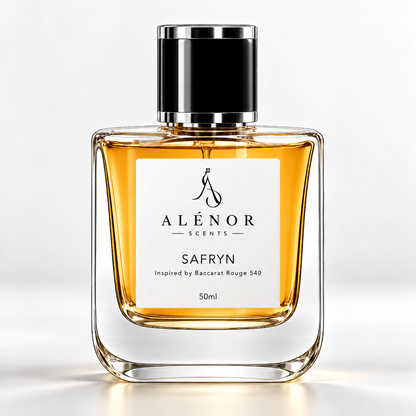 SAFRYN by ALÉNOR SCENTS — amber-toned perfume bottle, luxury product presentation