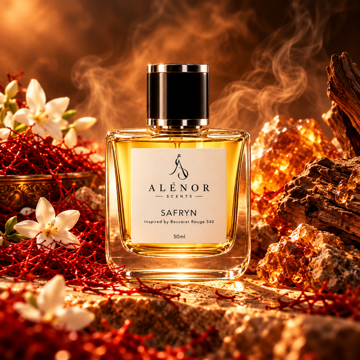 SAFRYN by ALÉNOR SCENTS — amber fragrance bottle in an editorial still-life composition