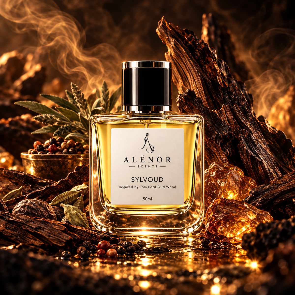 SYLVOUD by ALÉNOR SCENTS — oud fragrance bottle in a refined studio still life