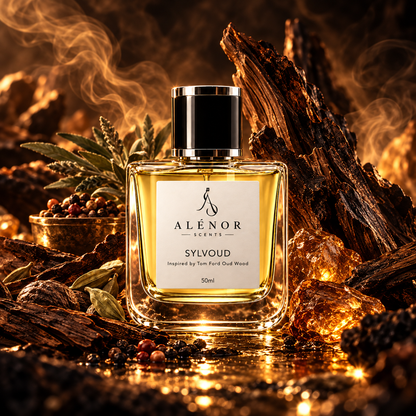 SYLVOUD by ALÉNOR SCENTS — oud fragrance bottle in a refined studio still life