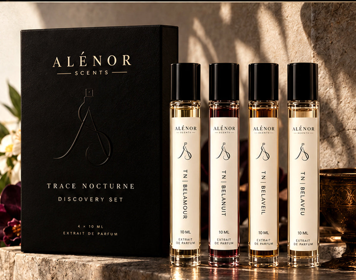 ALÉNOR SCENTS TRACE NOCTURNE, a 4 × 10 ml Discovery Set; visual packaging concept, not verified final manufactured packaging.